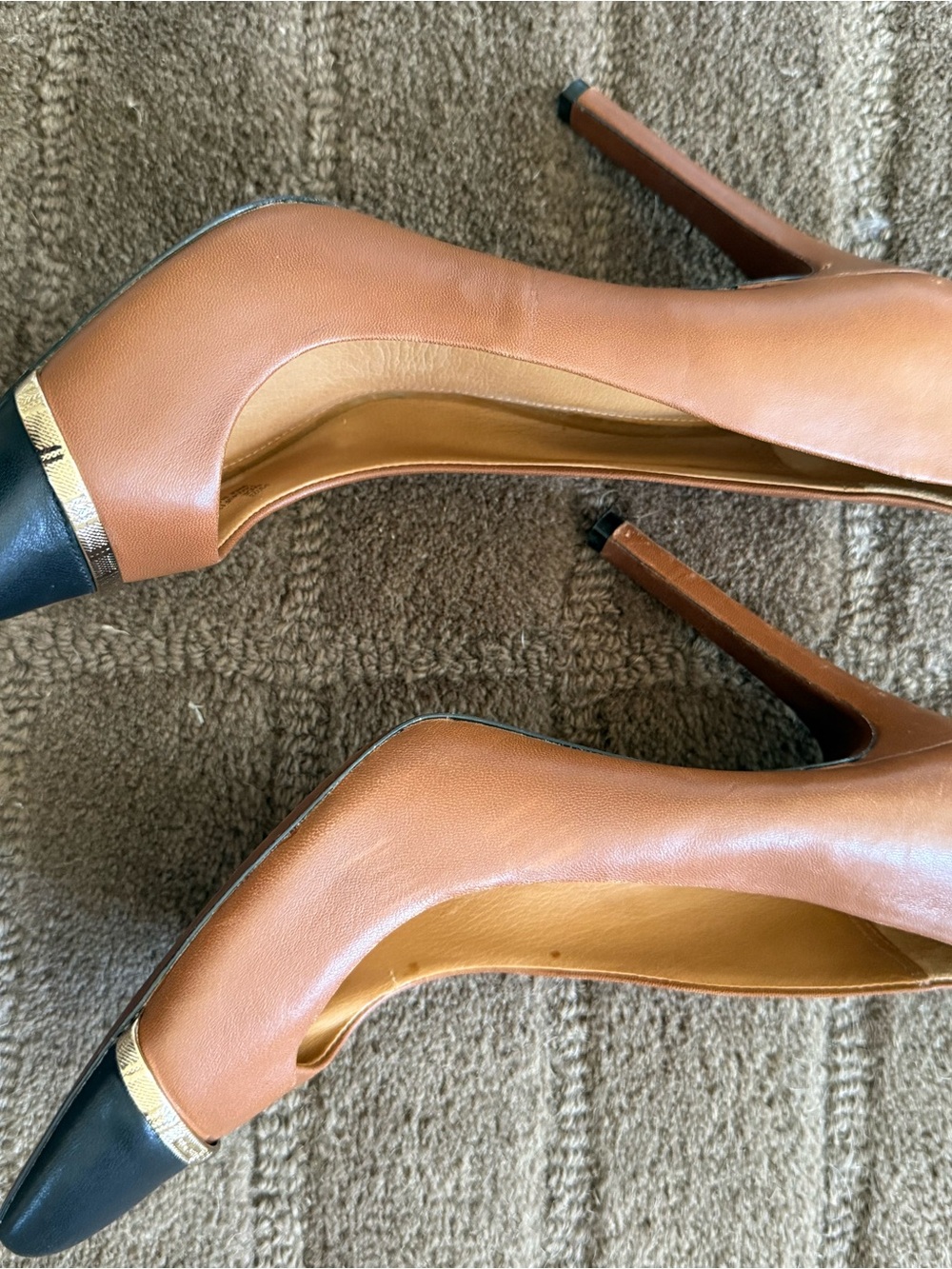 Coach Brown Leather Pumps with Black Cap Toe and Gold Accent - Picture 3 of 8